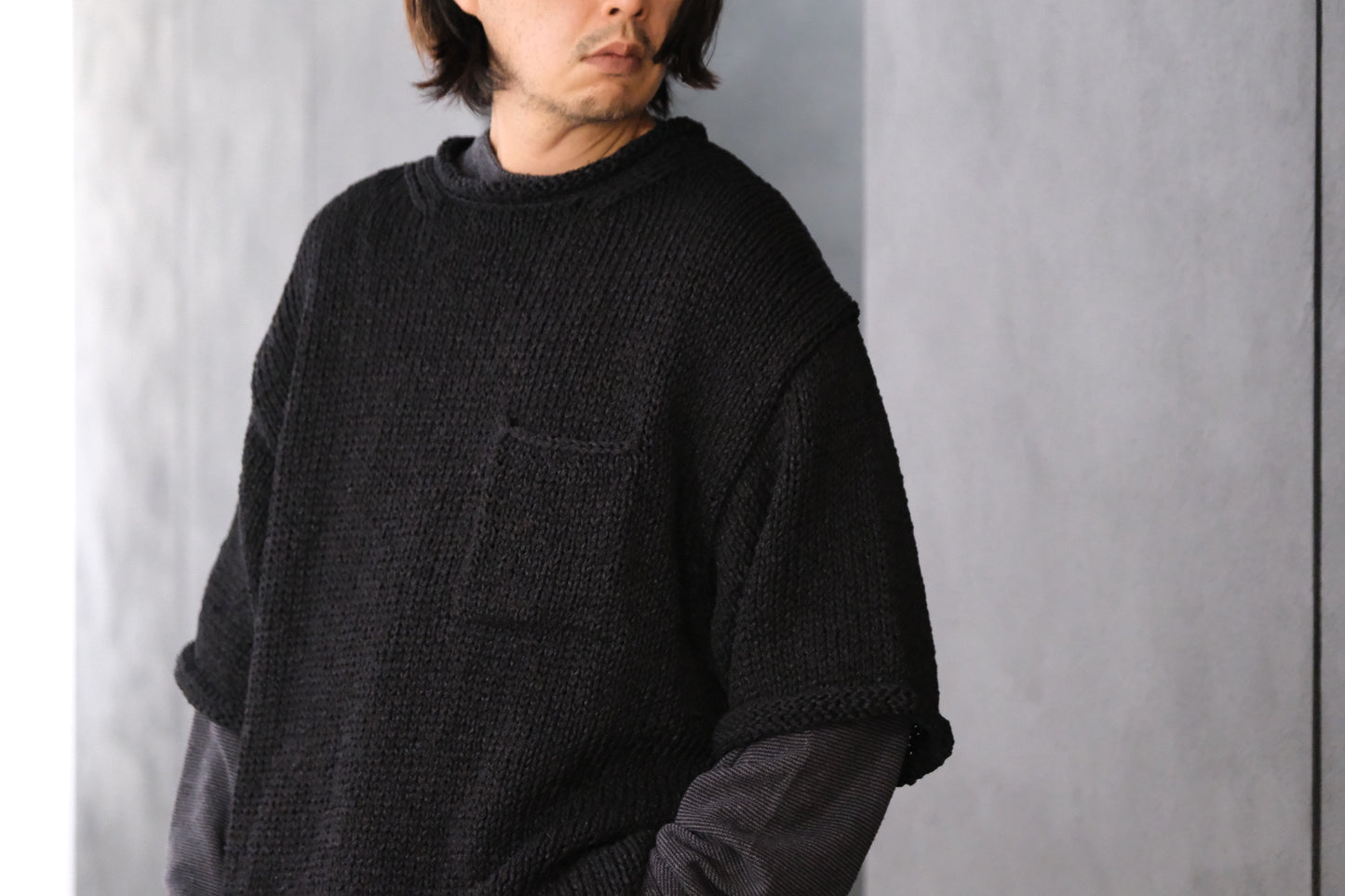 POSTELEGANT / Washi Paper Cotton Hand Knit Pull-Over / Black