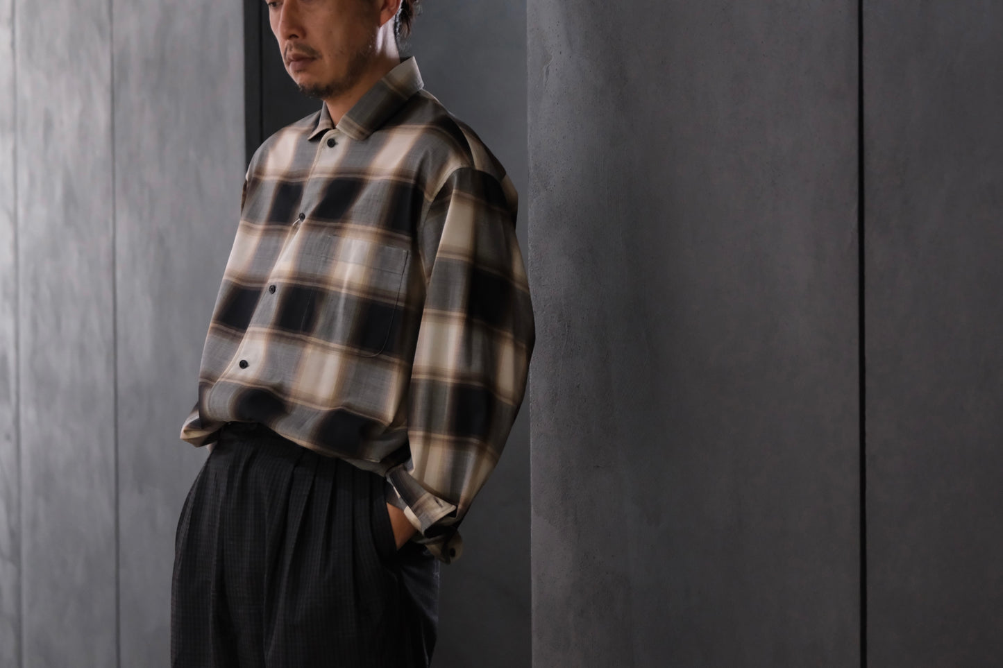 nonnotte/Calm Oversized Open Collar Shirt/Eau de Chemise/W N Ombre Check