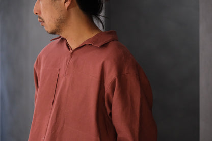 POSTELEGANT/ Linen Gathered Pull-Over Shirt/Dark Red