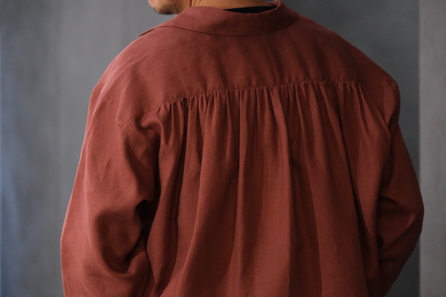 POSTELEGANT/ Linen Gathered Pull-Over Shirt/Dark Red