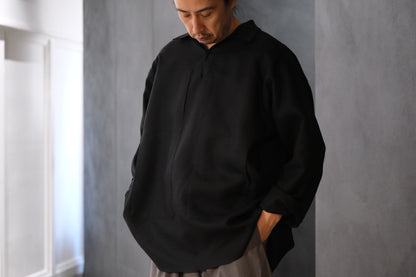 POSTELEGANT/ Linen Gathered Pull-Over Shirt/Black