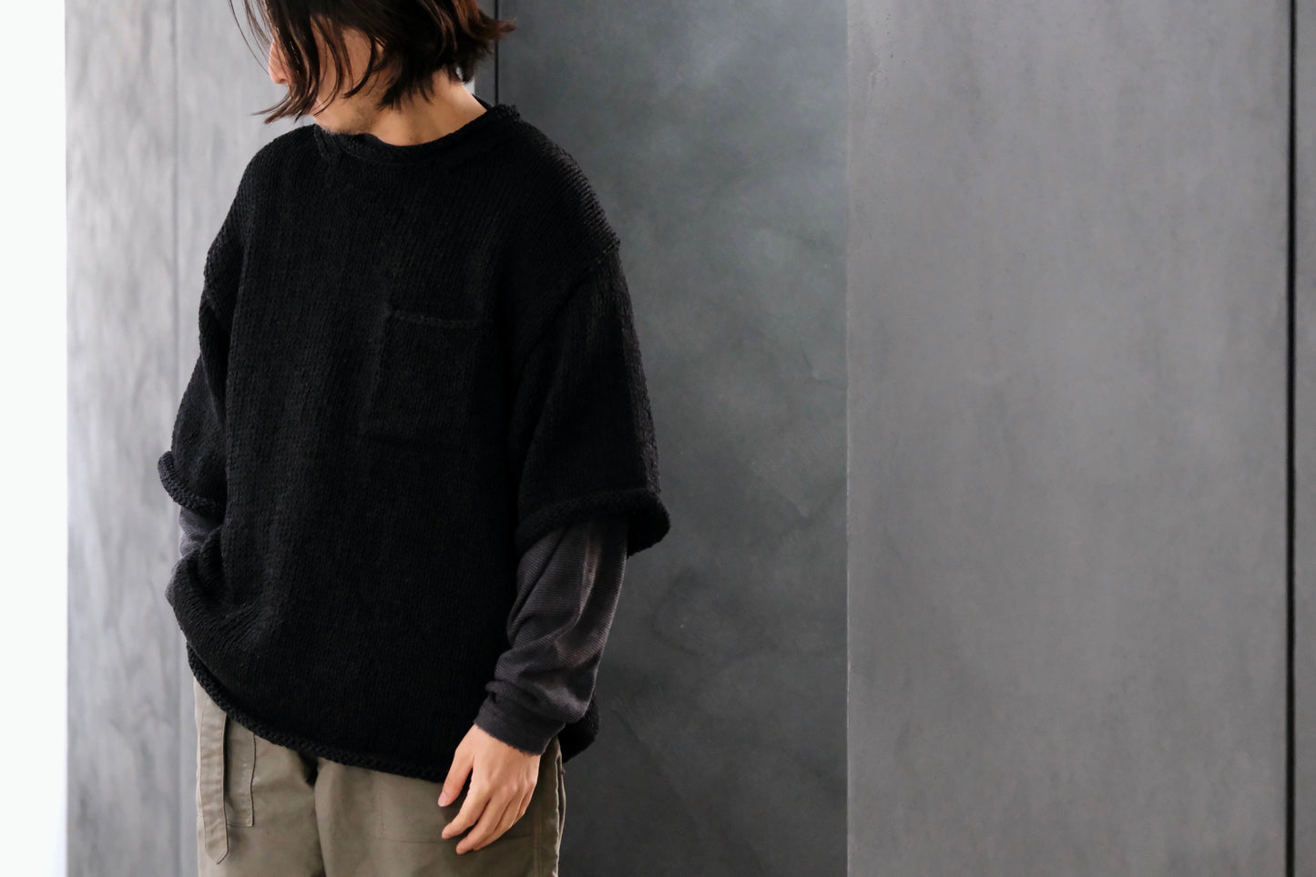 POSTELEGANT / Washi Paper Cotton Hand Knit Pull-Over / Black