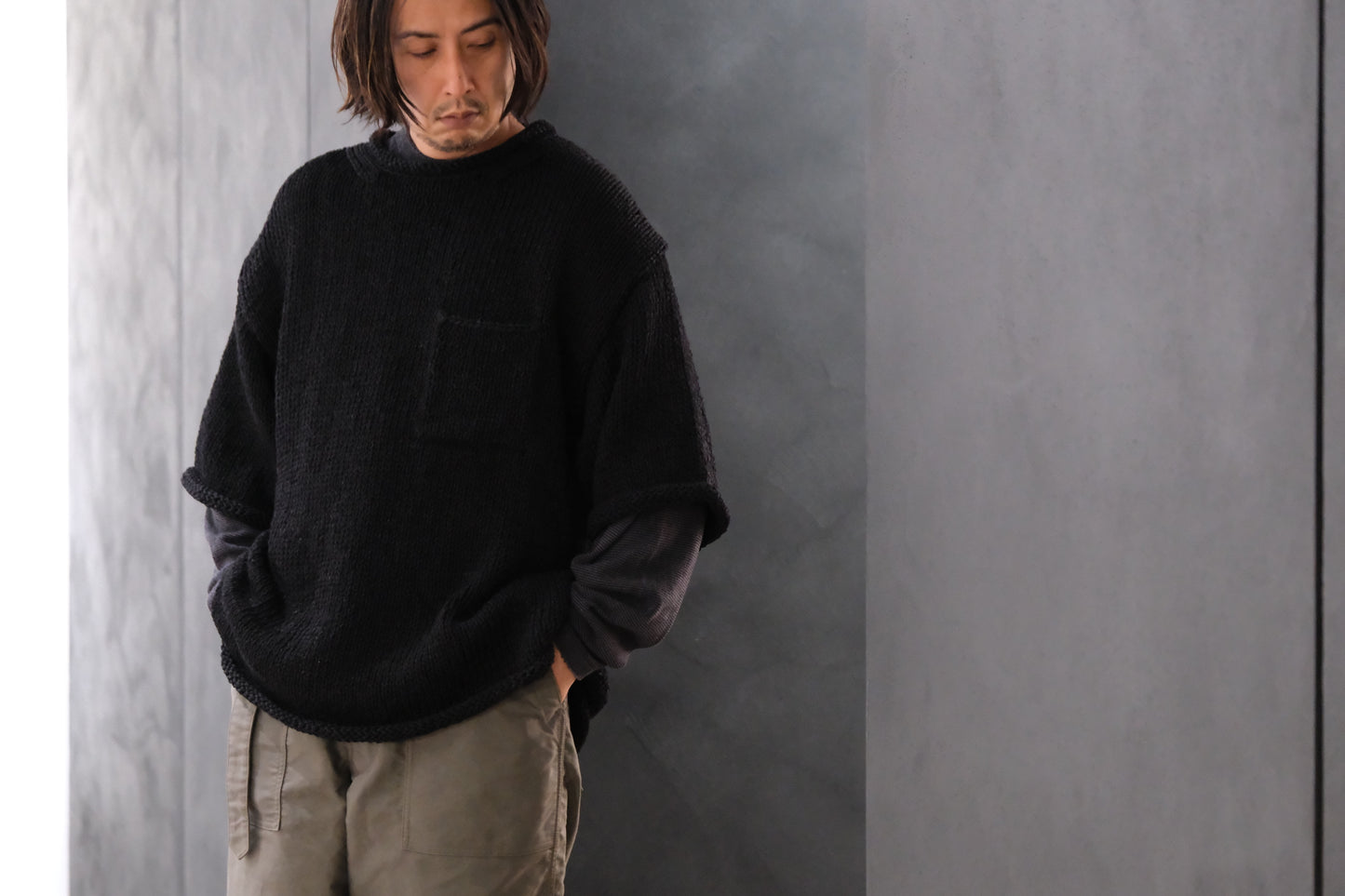 POSTELEGANT / Washi Paper Cotton Hand Knit Pull-Over / Black