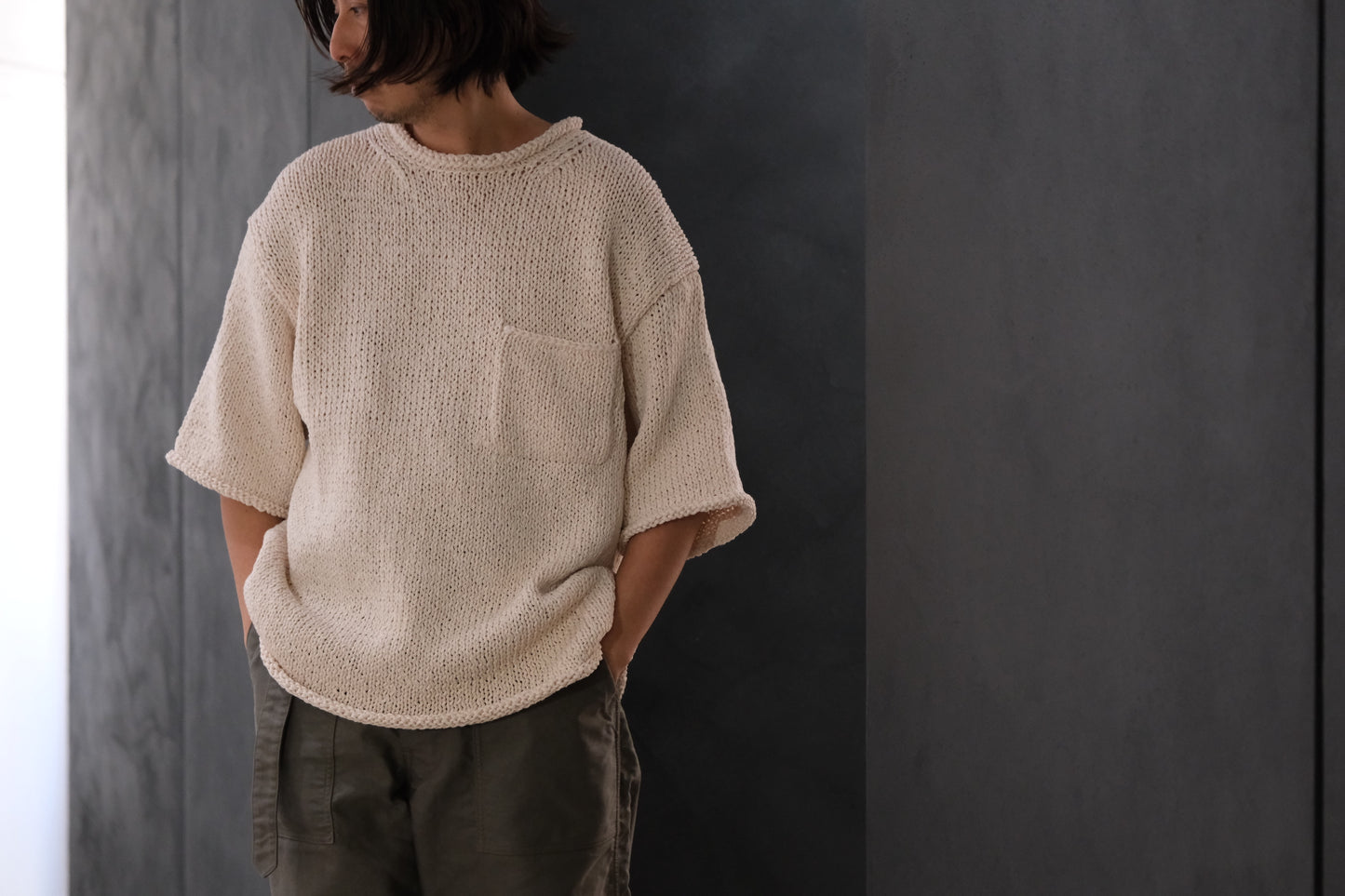 POSTELEGANT / Washi Paper Cotton Hand Knit Pull-Over / Ecru
