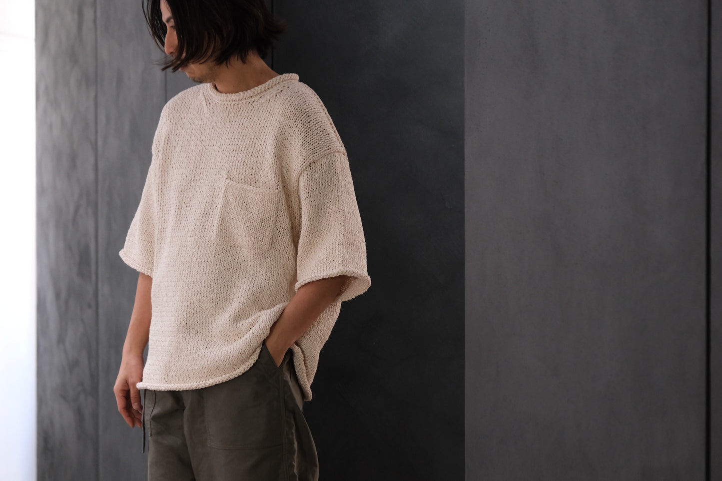 POSTELEGANT / Washi Paper Cotton Hand Knit Pull-Over / Ecru