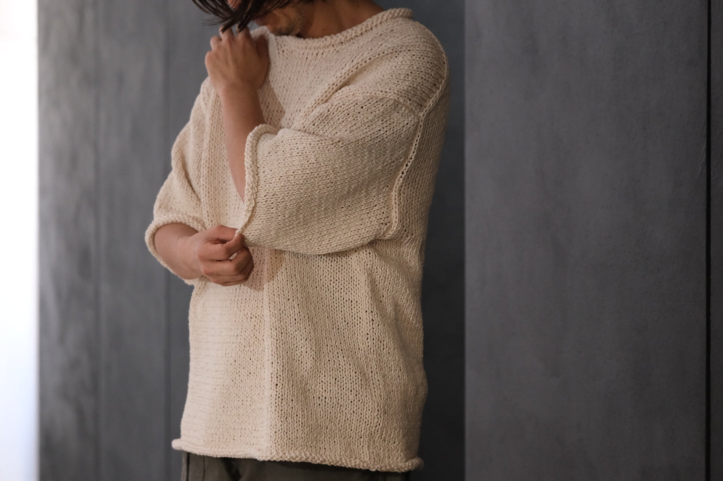 POSTELEGANT / Washi Paper Cotton Hand Knit Pull-Over / Ecru