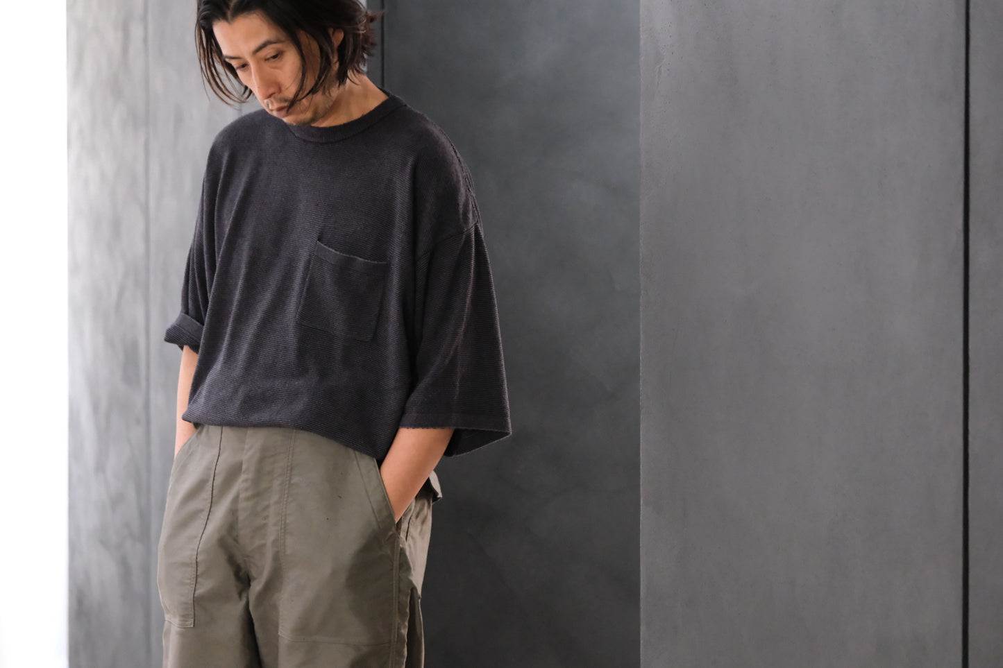 SANMONT　/  26s_SKA0103  Silk Knit Crew Neck Tee /  Chacoal