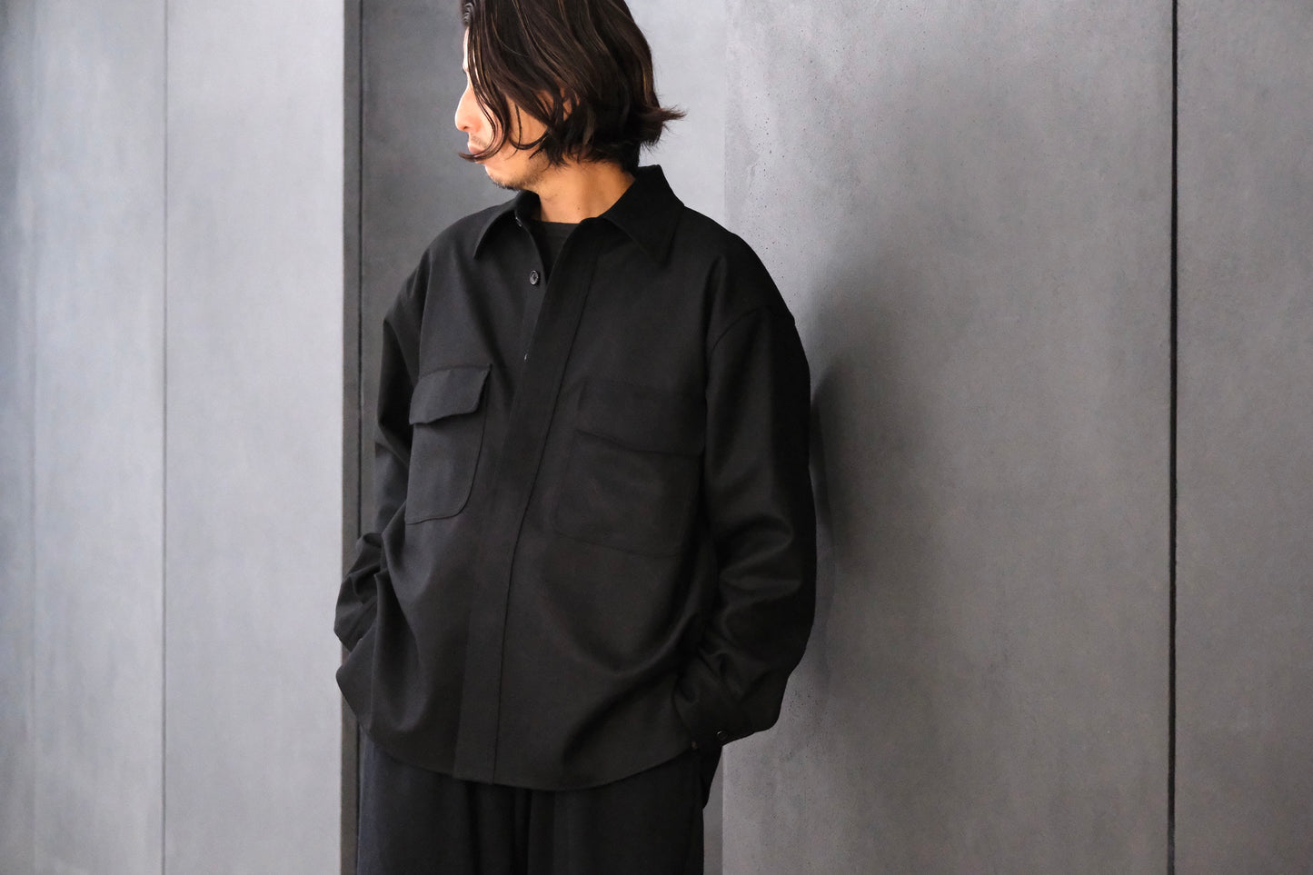 ANTOS/DOUBLE POCKET OVER SHIRT/BLACK