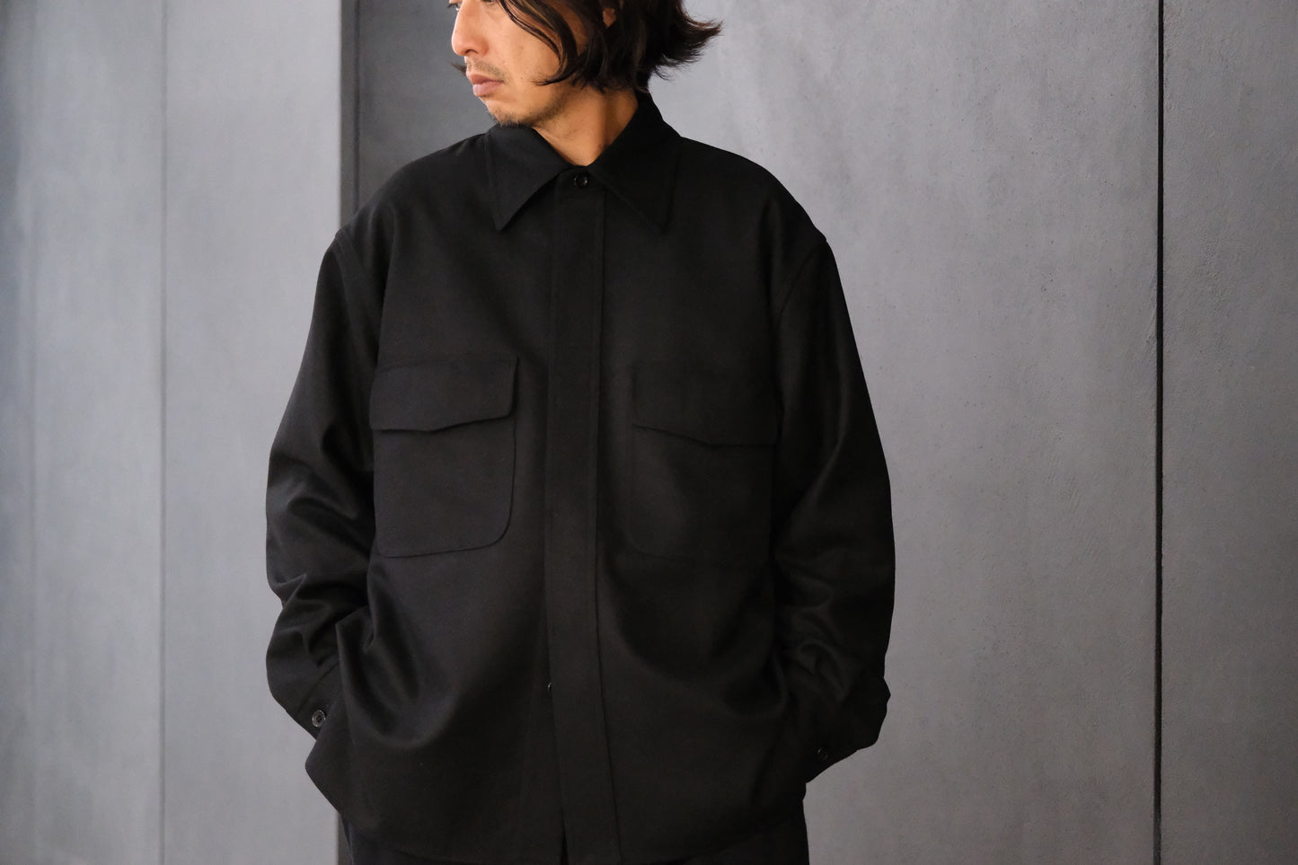 ANTOS/DOUBLE POCKET OVER SHIRT/BLACK