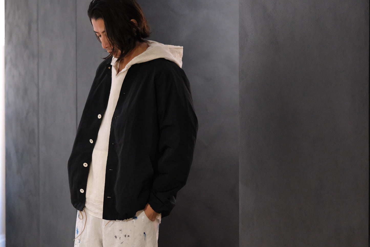 【受注商品】wright. / No-coller coach jacket (Hight density nylon taffeta coating / European vintage linen Sumi ink dye )