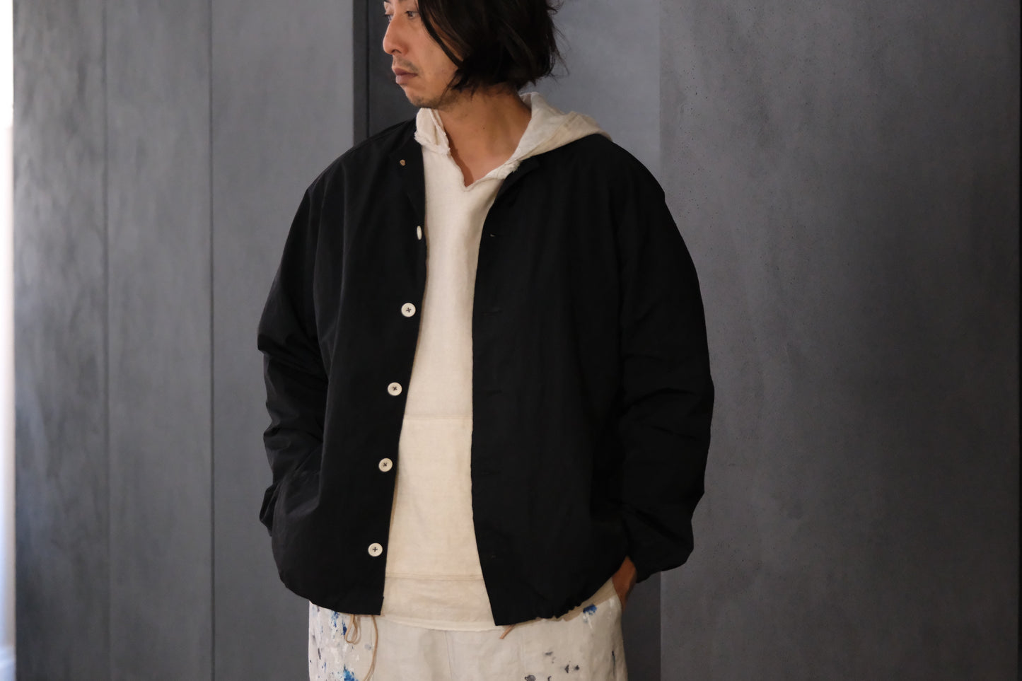 【受注商品】wright. / No-coller coach jacket (Hight density nylon taffeta coating / European vintage linen Sumi ink dye )