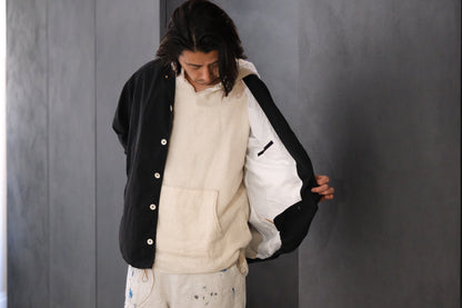 【受注商品】wright. / No-coller coach jacket (Hight density nylon taffeta coating / European vintage linen Sumi ink dye )