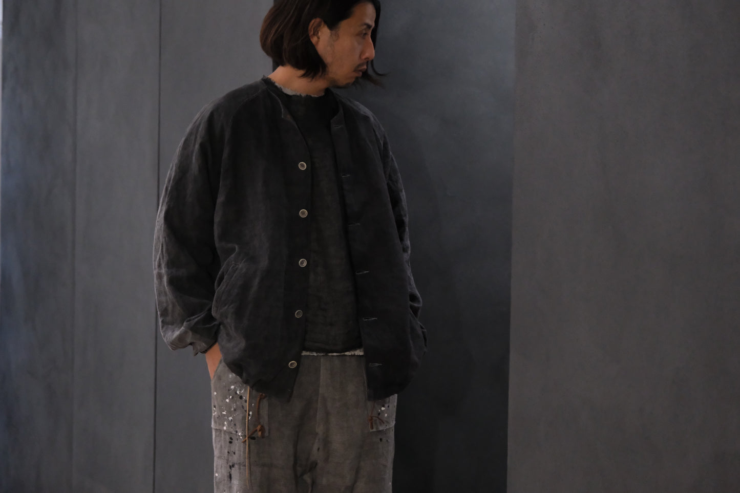 【受注商品】wright. / No-coller coach jacket (Hight density nylon taffeta coating / European vintage linen Sumi ink dye )