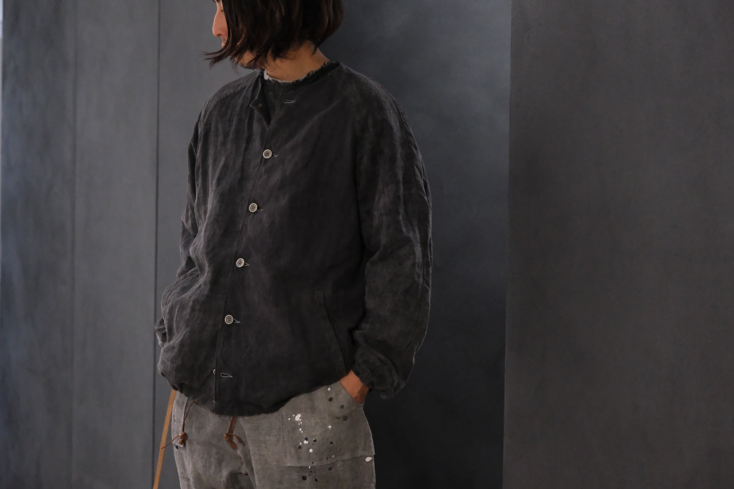 【受注商品】wright. / No-coller coach jacket (Hight density nylon taffeta coating / European vintage linen Sumi ink dye )