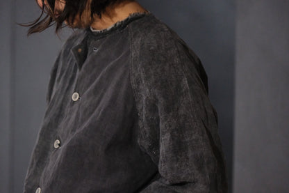 【受注商品】wright. / No-coller coach jacket (Hight density nylon taffeta coating / European vintage linen Sumi ink dye )