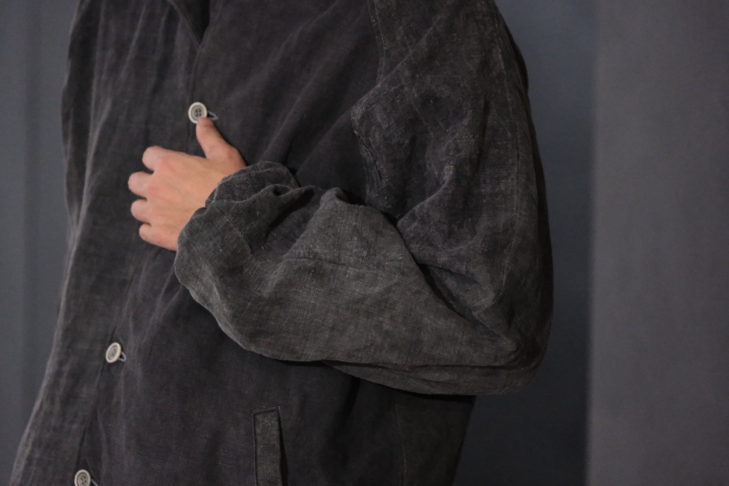 【受注商品】wright. / No-coller coach jacket (Hight density nylon taffeta coating / European vintage linen Sumi ink dye )