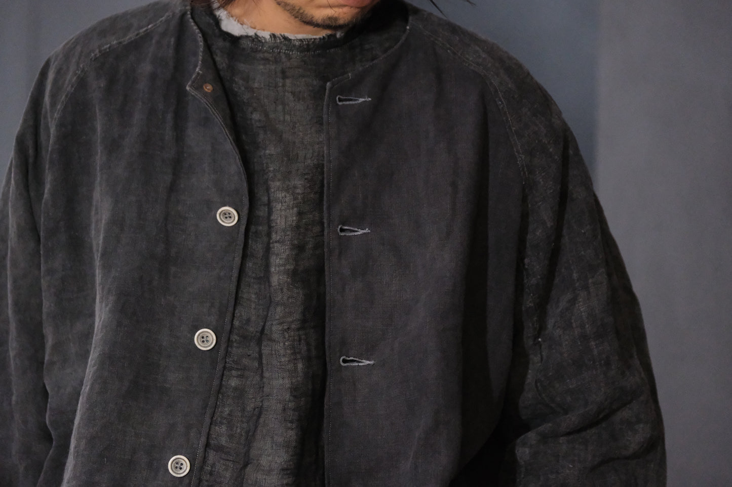 【受注商品】wright. / No-coller coach jacket (Hight density nylon taffeta coating / European vintage linen Sumi ink dye )