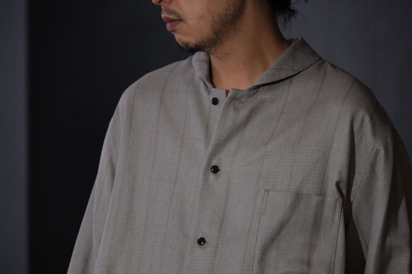 nonnotte/Minimum Shawl Collar Oversized Shirt/Wool/Silk Ghost Plaid