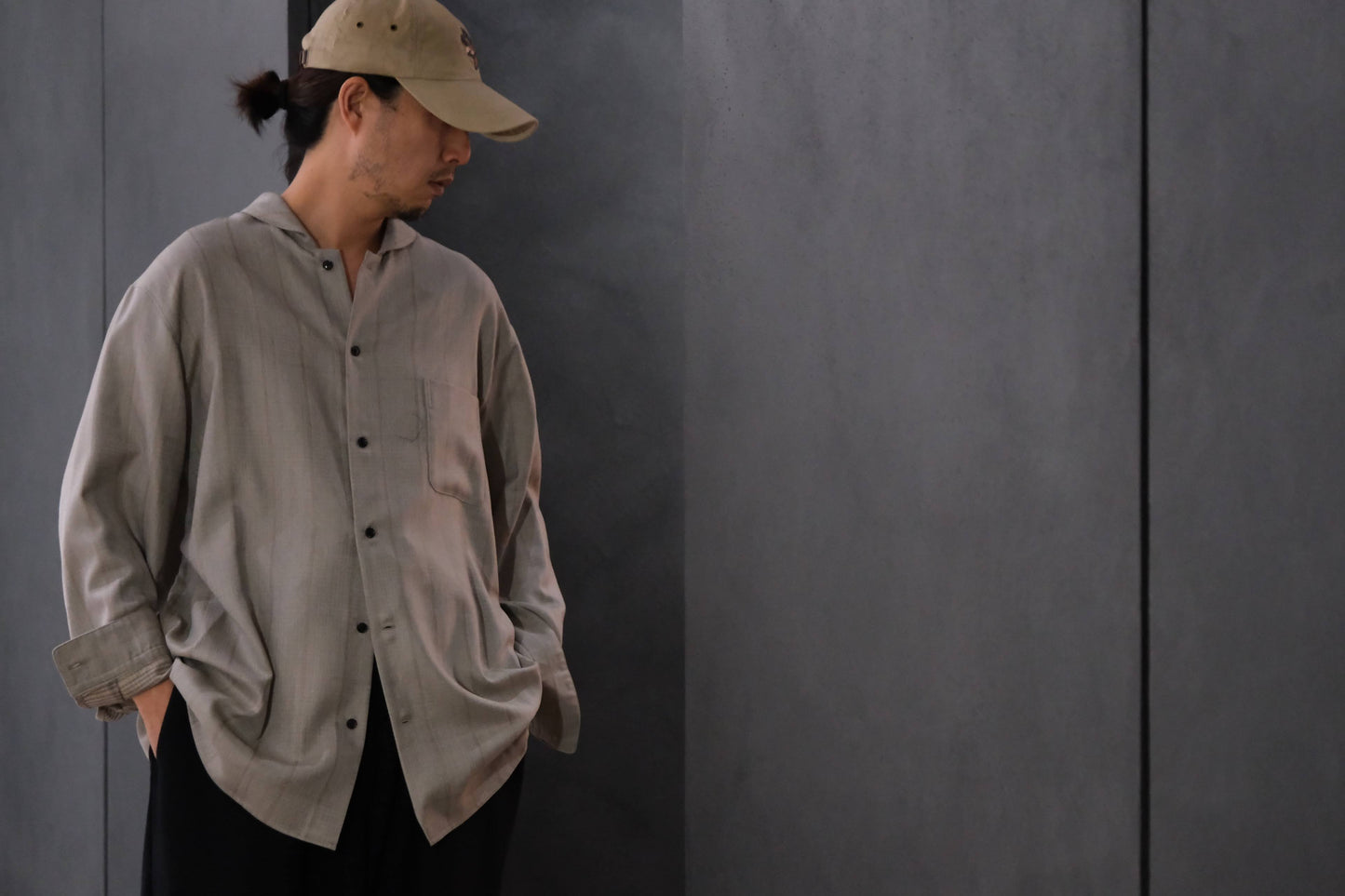 nonnotte/Minimum Shawl Collar Oversized Shirt/Wool/Silk Ghost Plaid