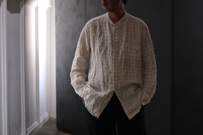 Wright. Oversized stand collar shirt  (LINEN NAVY CHECKED &STRIPE)