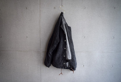 【受注商品】wright. / No-coller coach jacket (Hight density nylon taffeta coating / European vintage linen Sumi ink dye )