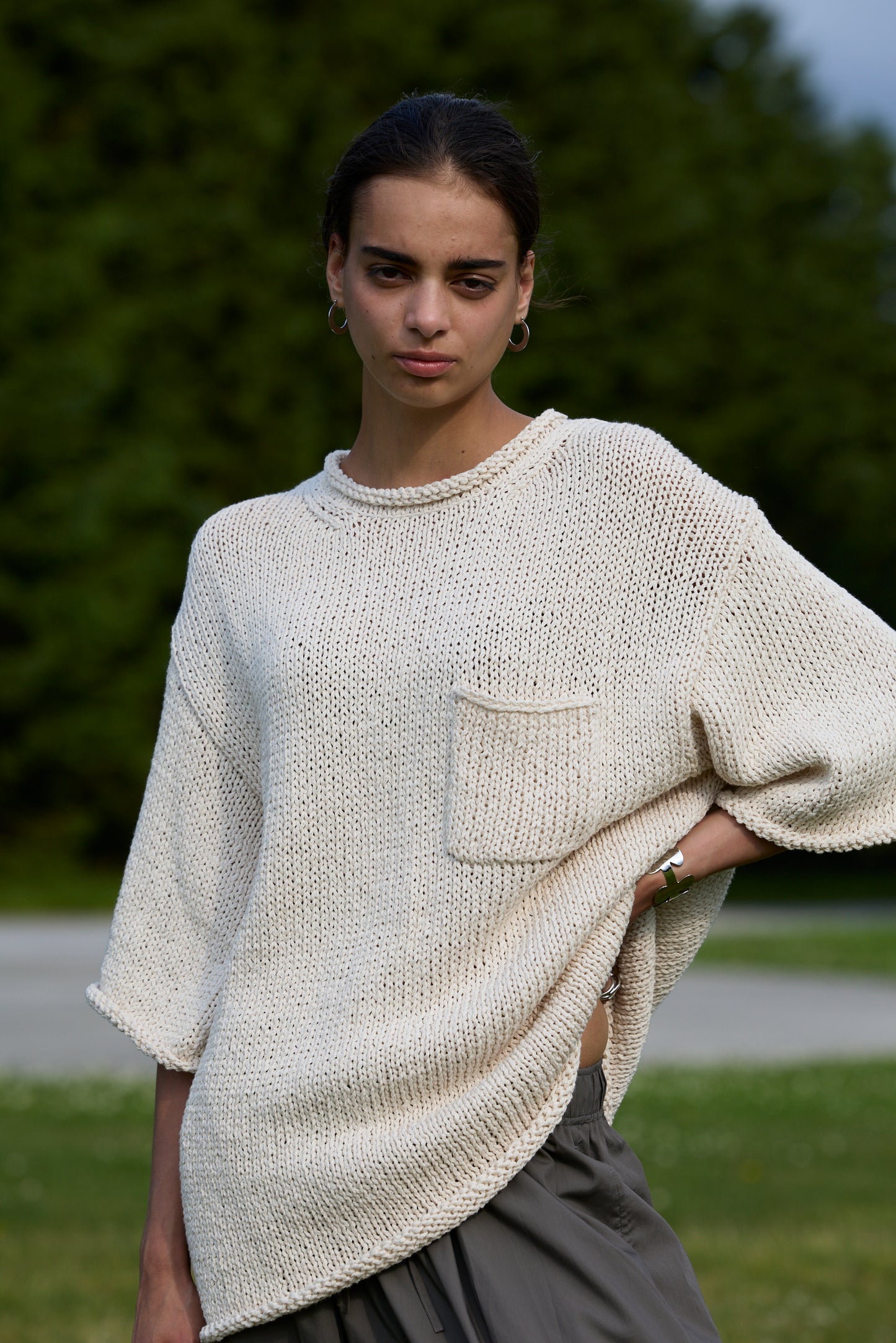 POSTELEGANT / Washi Paper Cotton Hand Knit Pull-Over / Ecru