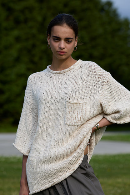 POSTELEGANT / Washi Paper Cotton Hand Knit Pull-Over / Ecru
