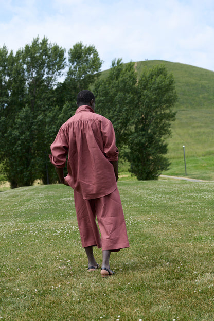 POSTELEGANT/ Linen Gathered Pull-Over Shirt/Dark Red