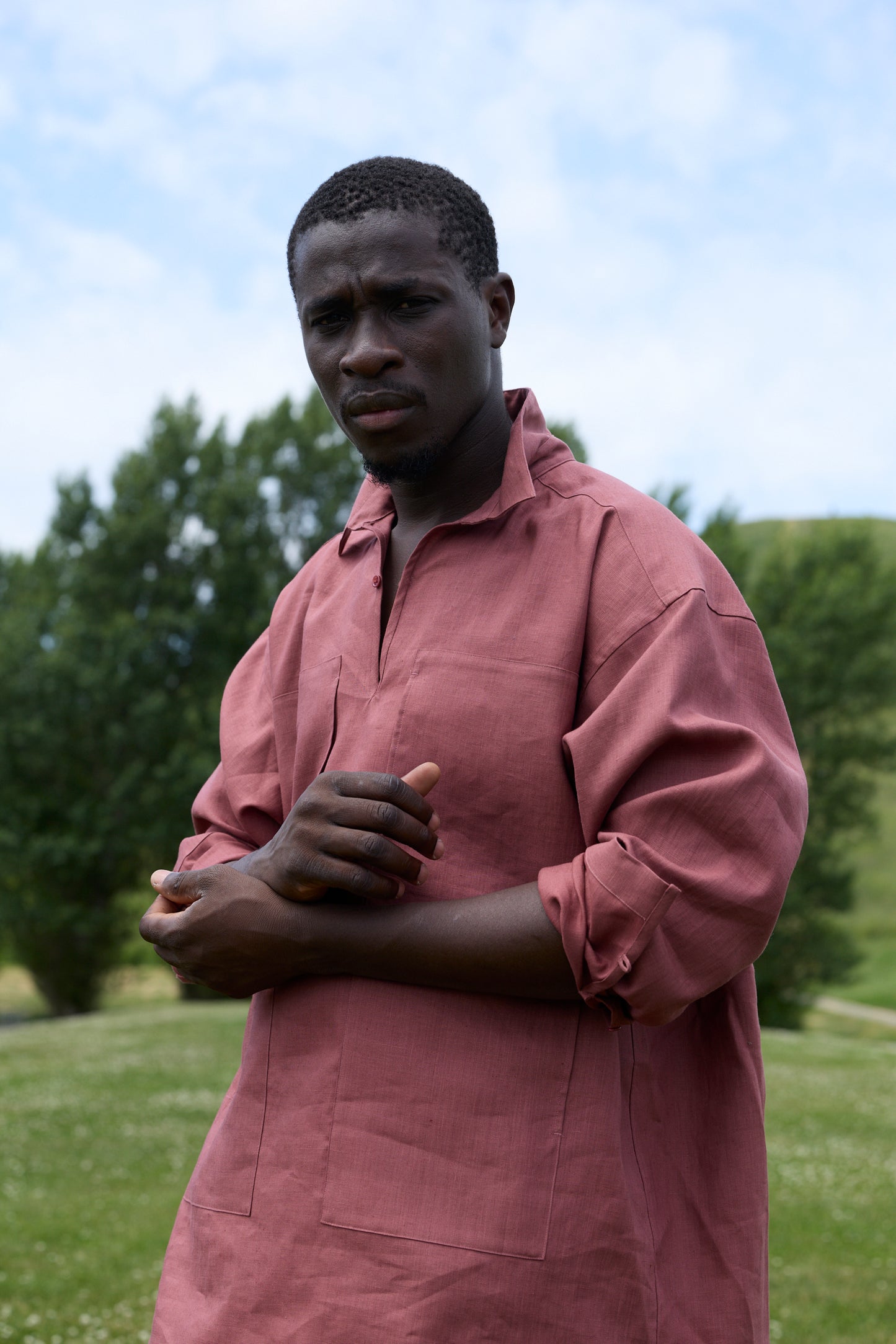 POSTELEGANT/ Linen Gathered Pull-Over Shirt/Dark Red