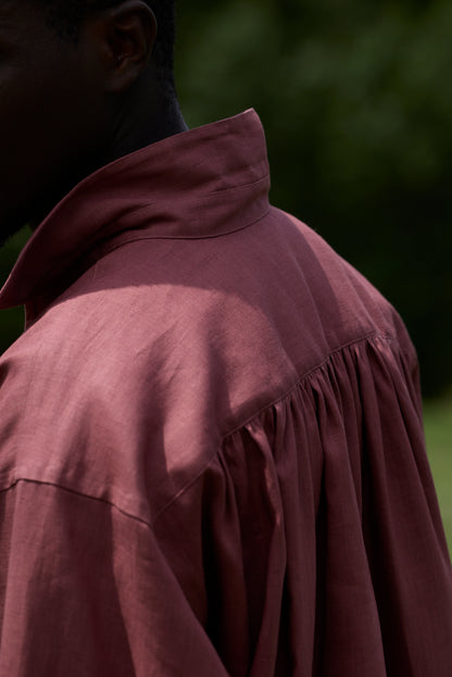 POSTELEGANT/ Linen Gathered Pull-Over Shirt/Dark Red