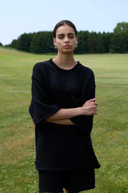 POSTELEGANT / Washi Paper Cotton Hand Knit Pull-Over / Black